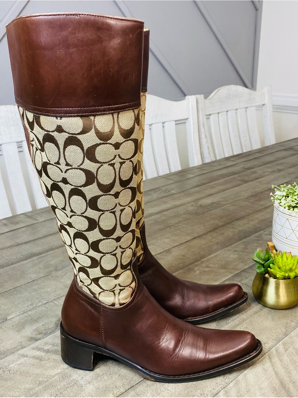 Coach Chrissi Signature Jacquard Leather Tall Riding Boots Brown Burgundy Sz 8 - Picture 4 of 10